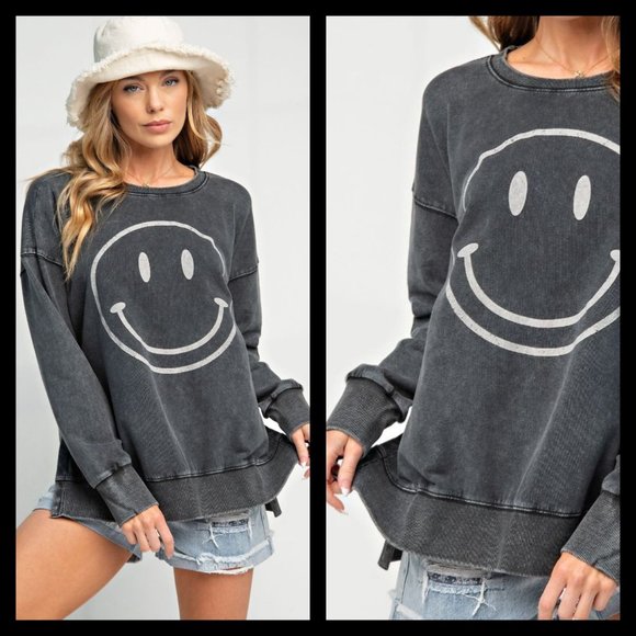 EASEL "All Smiles"  Mineral Washed 100% Soft Cotton Terry Knit Tunic Side Slits - Picture 8 of 11